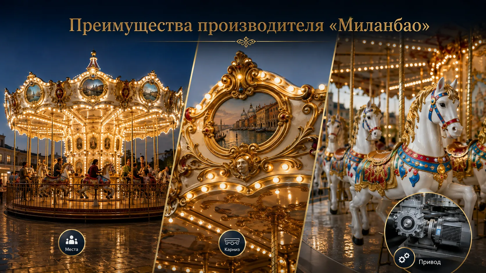 Карусель. Крупные парки, курорты, премиальные торговые центры: рекомендуем заказную карусель на 48 мест с двухъярусная карусельи верхним приводом — станет центральной достопримечат